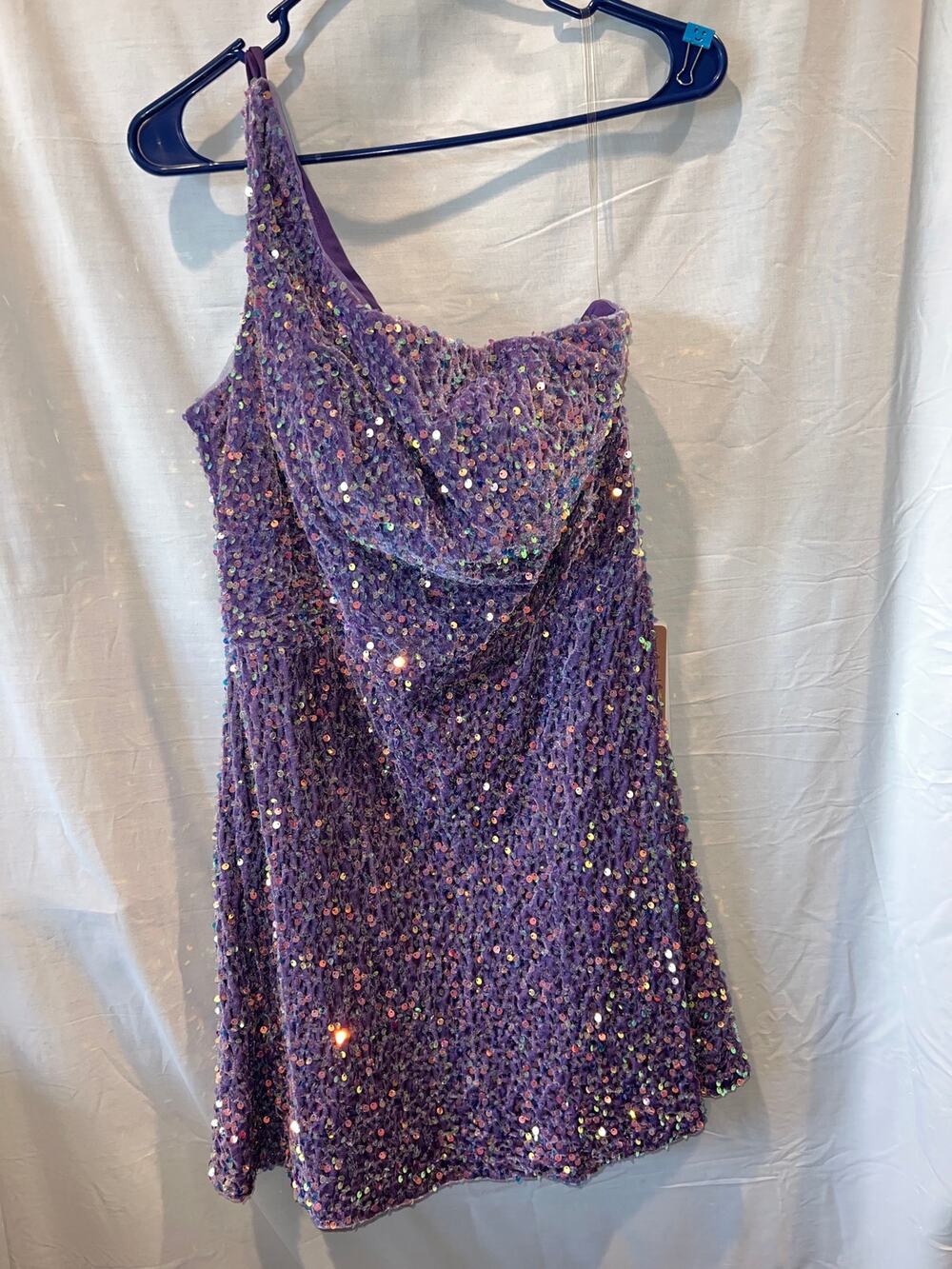 NWT Stacees size 8 purple velvet, sequins one strap dress.